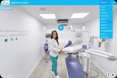 Tour virtual 360 de clínica dental con elementos multimedia